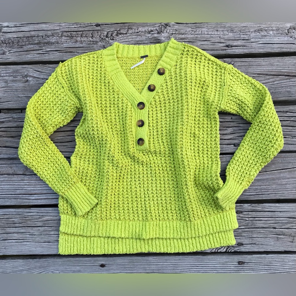 FREE PEOPLE Lime Green Whistle Thermal Henley Button Sweater Top Pullover V Neck - Picture 3 of 13